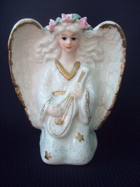 Vintage Angel Candle Holder Mandolin Lyre Pink Roses Taper Candle Holder 
c.1980